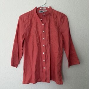 Edward 100% Irish Linen Shirt Button Down Womens PETITE Small Pink Embroidered